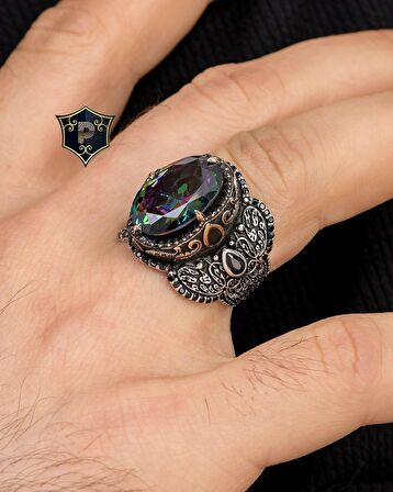 Mistik Topaz Taşlı Mikro Taş Süslemeli 925 Ayar Gümüş Erkek Yüzüğü