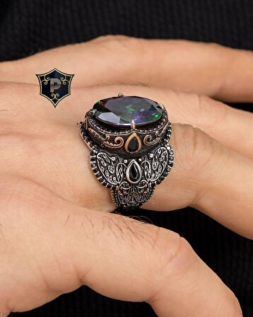 Mistik Topaz Taşlı Mikro Taş Süslemeli 925 Ayar Gümüş Erkek Yüzüğü