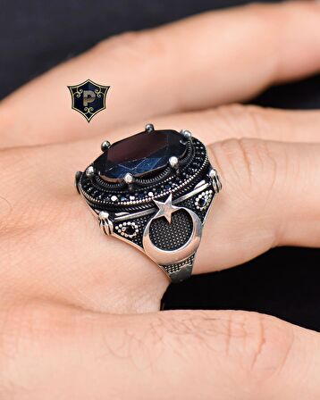 925 Ayar Gümüş Erkek Yüzüğü Siyah Zirkon Taşlı Ay Yıldız Figürlü