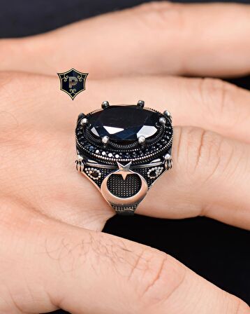 925 Ayar Gümüş Erkek Yüzüğü Siyah Zirkon Taşlı Ay Yıldız Figürlü