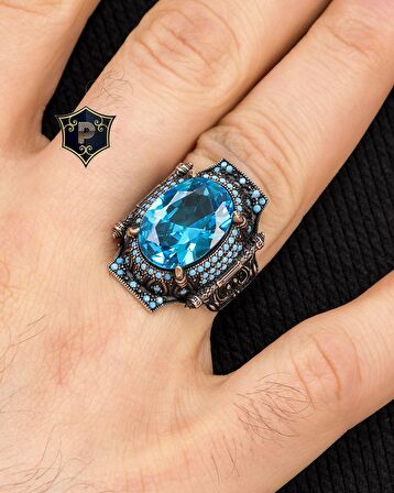 Aquamarine Taşlı Turkuaz Taş Süslemeli 925 Ayar Gümüş Erkek Yüzüğü