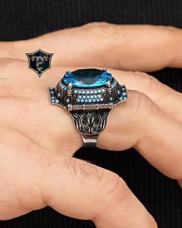 Aquamarine Taşlı Turkuaz Taş Süslemeli 925 Ayar Gümüş Erkek Yüzüğü