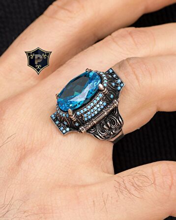 Aquamarine Taşlı Turkuaz Taş Süslemeli 925 Ayar Gümüş Erkek Yüzüğü