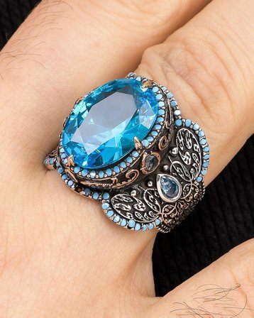 Aquamarine Taşlı Turkuaz Taş Süslemeli 925 Ayar Gümüş Erkek Yüzüğü