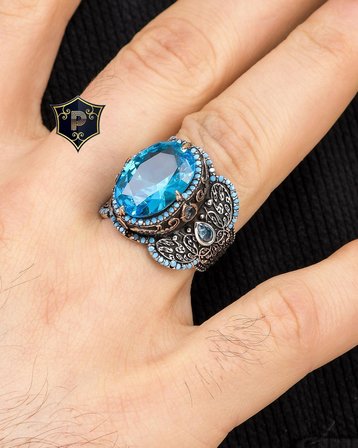 Aquamarine Taşlı Turkuaz Taş Süslemeli 925 Ayar Gümüş Erkek Yüzüğü