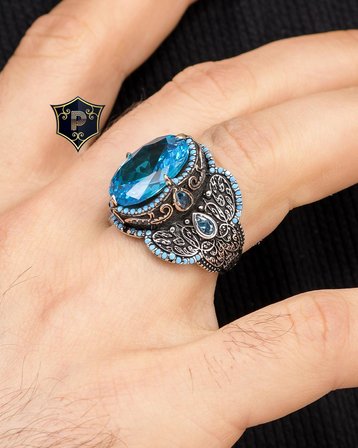 Aquamarine Taşlı Turkuaz Taş Süslemeli 925 Ayar Gümüş Erkek Yüzüğü