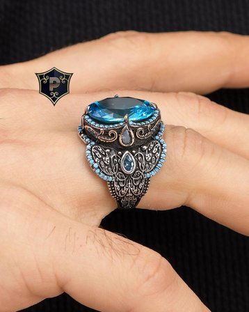 Aquamarine Taşlı Turkuaz Taş Süslemeli 925 Ayar Gümüş Erkek Yüzüğü