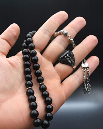 33'lük Doğal Oniks Taşlı Tesbih Seti Ve 925 Ayar Gümüş Oniks Taşlı Erkek Yüzüğü