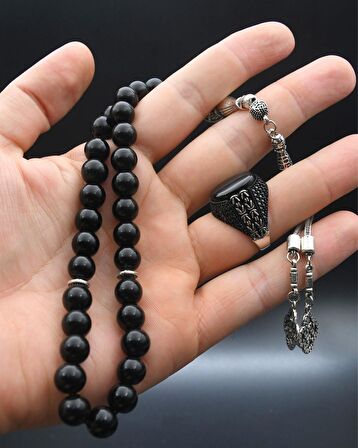 33'lük Doğal Oniks Taşlı Tesbih Seti Ve 925 Ayar Gümüş Oniks Taşlı Erkek Yüzüğü