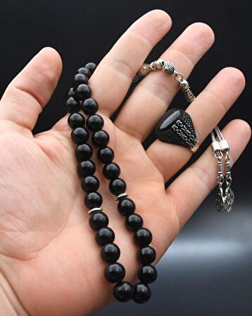 33'lük Doğal Oniks Taşlı Tesbih Seti Ve 925 Ayar Gümüş Oniks Taşlı Erkek Yüzüğü