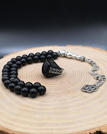 33'lük Doğal Oniks Taşlı Tesbih Seti Ve 925 Ayar Gümüş Oniks Taşlı Erkek Yüzüğü