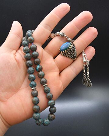 33'lük Doğal Kaplan Gözü Taşlı Tesbih Seti Ve 925 Ayar Gümüş Kaplan Gözü Taşlı Erkek Yüzüğü 