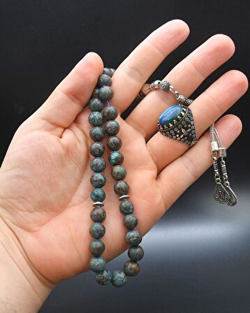 33'lük Doğal Kaplan Gözü Taşlı Tesbih Seti Ve 925 Ayar Gümüş Kaplan Gözü Taşlı Erkek Yüzüğü 