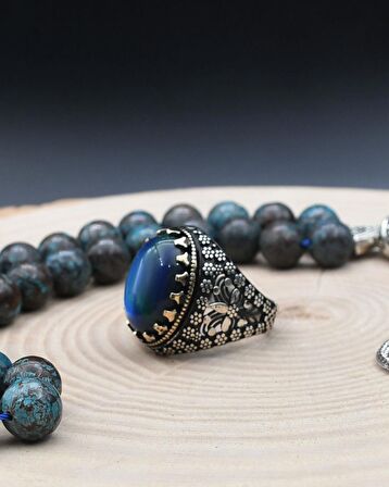 33'lük Doğal Kaplan Gözü Taşlı Tesbih Seti Ve 925 Ayar Gümüş Kaplan Gözü Taşlı Erkek Yüzüğü 