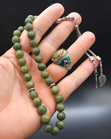 Yeşim Taşlı 925 Ayar Gümüş Erkek Yüzüğü Ve 33'lük Doğal Yeşim Taşlı Tesbih Seti