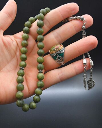 Yeşim Taşlı 925 Ayar Gümüş Erkek Yüzüğü Ve 33'lük Doğal Yeşim Taşlı Tesbih Seti