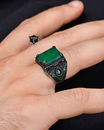 925 Ayar Gümüş Erkek Yüzüğü Paraiba Taşlı Zirkon Taş Süslemeli