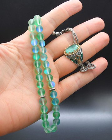 Paraiba Taşlı 925 Ayar Gümüş Erkek Yüzüğü Ve 33'lük Doğal Termal Kuvars Taşlı Tesbih Seti