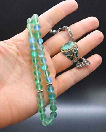 Paraiba Taşlı 925 Ayar Gümüş Erkek Yüzüğü Ve 33'lük Doğal Termal Kuvars Taşlı Tesbih Seti