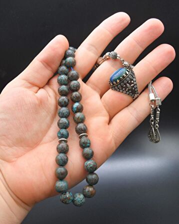 33'lük Doğal Apatit Taşlı Tesbih Seti Ve 925 Ayar Gümüş Kaplan Gözü Taşlı Erkek Yüzüğü 