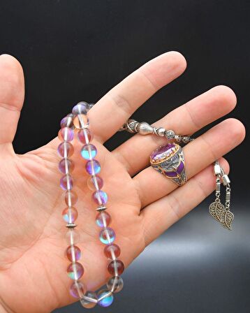lila Zirkon Taşlı 925 Ayar Gümüş Erkek Yüzüğü Ve 33'lük Doğal Termal Kuvars Taşlı Tesbih Seti