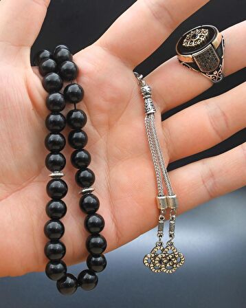 925 Ayar Gümüş Oniks Taşlı Yüzüğü Ve 33'lük Doğal Oniks Taşlı Tesbih Seti