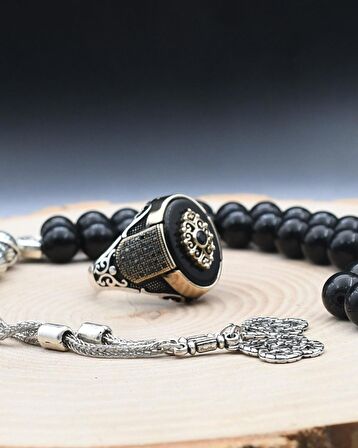 925 Ayar Gümüş Oniks Taşlı Yüzüğü Ve 33'lük Doğal Oniks Taşlı Tesbih Seti