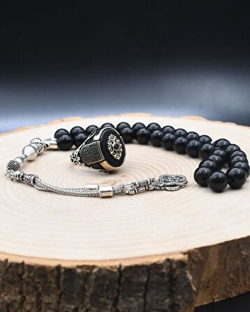 925 Ayar Gümüş Oniks Taşlı Yüzüğü Ve 33'lük Doğal Oniks Taşlı Tesbih Seti