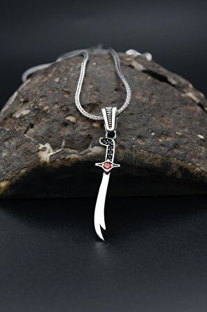 925 Ayar Gümüş Hz. Ali Zülfikar Kılıcı Figürlü Erkek Kolye Zincir