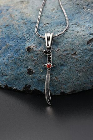 925 Ayar Gümüş Hz. Ali Zülfikar Kılıcı Figürlü Erkek Kolye Zincir