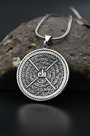 (Felag Ve İhlas Ve Nas Ve Kafirun) Sureleri 925 Ayar Gümüş Kolye Zincir 