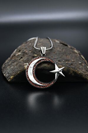 Ay Yıldızlı Zirkon Taş Süslemeli Erkek Kolye Gümüş Zincir 925 Ayar