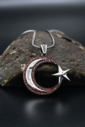 Ay Yıldızlı Zirkon Taş Süslemeli Erkek Kolye Gümüş Zincir 925 Ayar