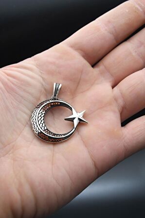 925 Ayar Gümüş Zincir Kolye Ay Yıldızlı Zirkon Taş Süslemeli