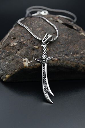 Aslan Figürlü Ve Hz. Ali Zülfikar Kılıcı Erkek Kolye Zincir  925 Ayar Gümüş 