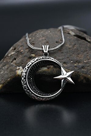 Ay Yıldızlı (Ay Yıldız) Zirkon Taş Süslemeli Kolye Gümüş Zincir 925 Ayar