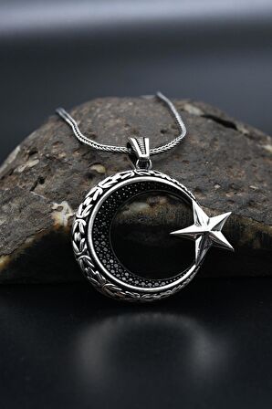 Ay Yıldızlı (Ay Yıldız) Zirkon Taş Süslemeli Kolye Gümüş Zincir 925 Ayar