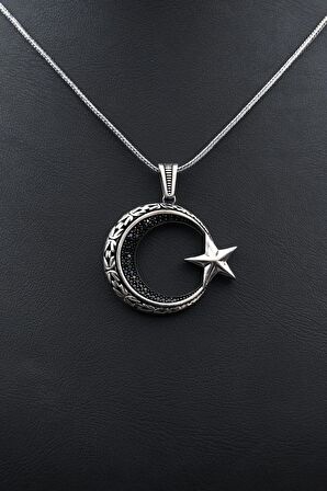 Ay Yıldızlı (Ay Yıldız) Zirkon Taş Süslemeli Kolye Gümüş Zincir 925 Ayar