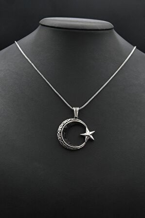 Ay Yıldızlı (Ay Yıldız) Zirkon Taş Süslemeli Kolye Gümüş Zincir 925 Ayar