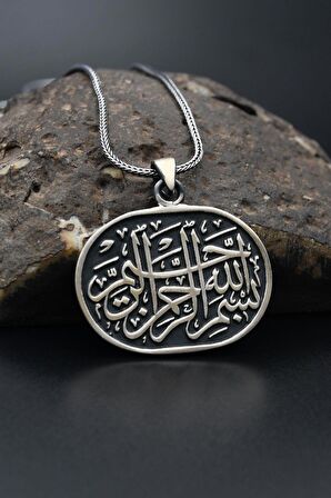 Besmele i Şerif Yazılı (Bismillahirrahmanirrahim) 925 Ayar Gümüş Kolye Zincir