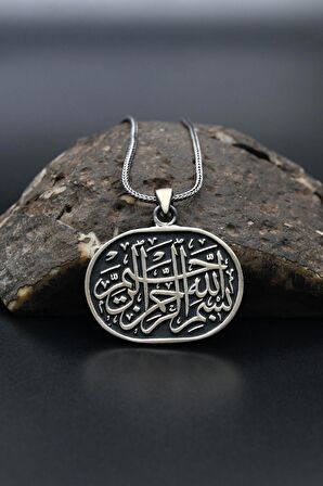 Besmele i Şerif Yazılı (Bismillahirrahmanirrahim) 925 Ayar Gümüş Kolye Zincir