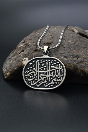 Besmele i Şerif Yazılı (Bismillahirrahmanirrahim) 925 Ayar Gümüş Kolye Zincir