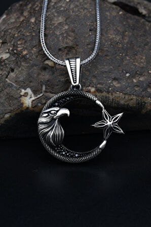 Kolye Zincir Ay Yıldızlı Kartal Figürlü 925 Ayar Gümüş