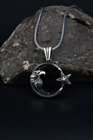 Kolye Zincir Ay Yıldızlı Kartal Figürlü 925 Ayar Gümüş