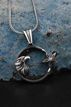 Kolye Zincir Ay Yıldızlı Kartal Figürlü 925 Ayar Gümüş