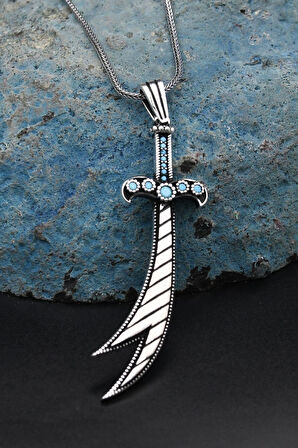 Hz. Ali Zülfikar Kılıcı Turkuaz Firuze Taş Süslemeli 925 Ayar Gümüş Kolye Zincir