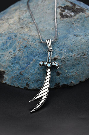 Hz. Ali Zülfikar Kılıcı Turkuaz Firuze Taş Süslemeli 925 Ayar Gümüş Kolye Zincir