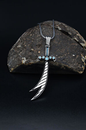 Hz. Ali Zülfikar Kılıcı Turkuaz Firuze Taş Süslemeli 925 Ayar Gümüş Kolye Zincir