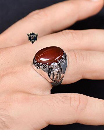 925 Ayar Gümüş Erkek Yüzüğü Akik Taşlı Kartal Figürlü