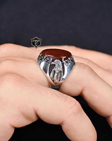 925 Ayar Gümüş Erkek Yüzüğü Akik Taşlı Kartal Figürlü
